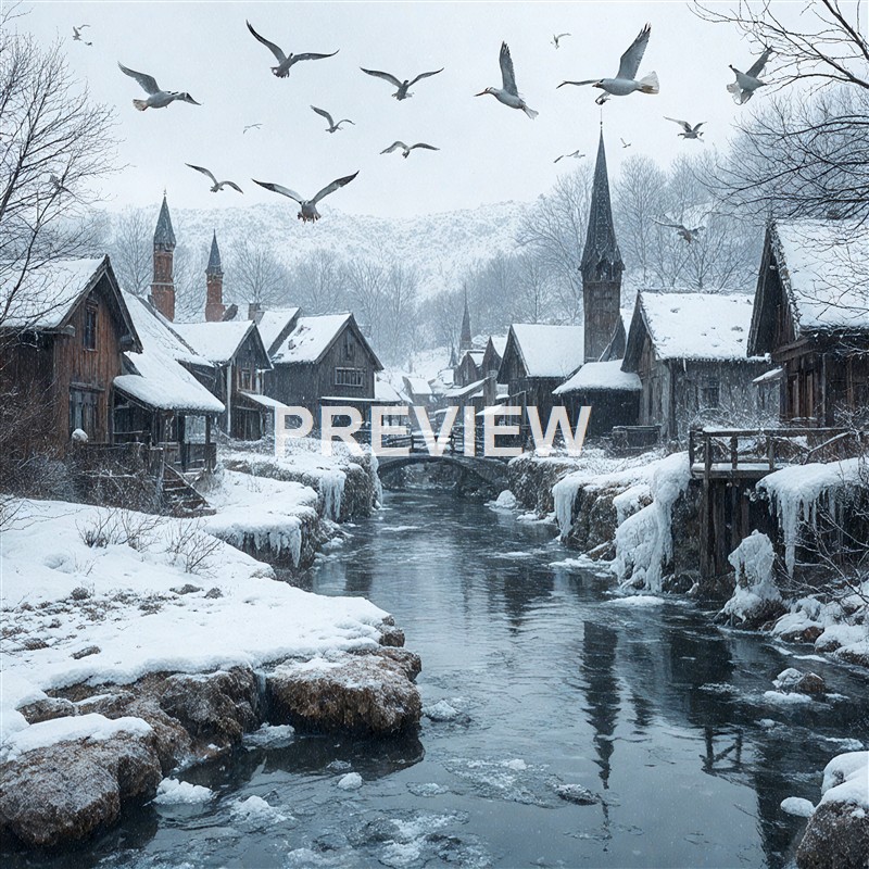 A snowy village scene with wooden houses lining a river, snow-covered trees, and a flock of birds flying in the overcast sky.
